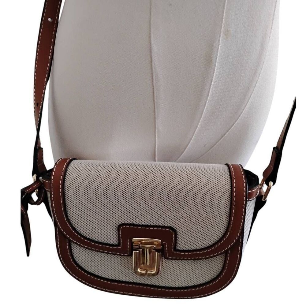 Cream Canvas Brown Trim Crossbody Bag